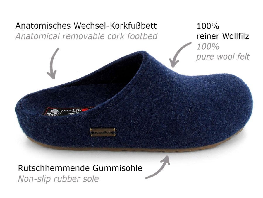 Arch Support Haflinger | Haflinger® Felt Slipper Clogs | Grizzly Michel, Blue